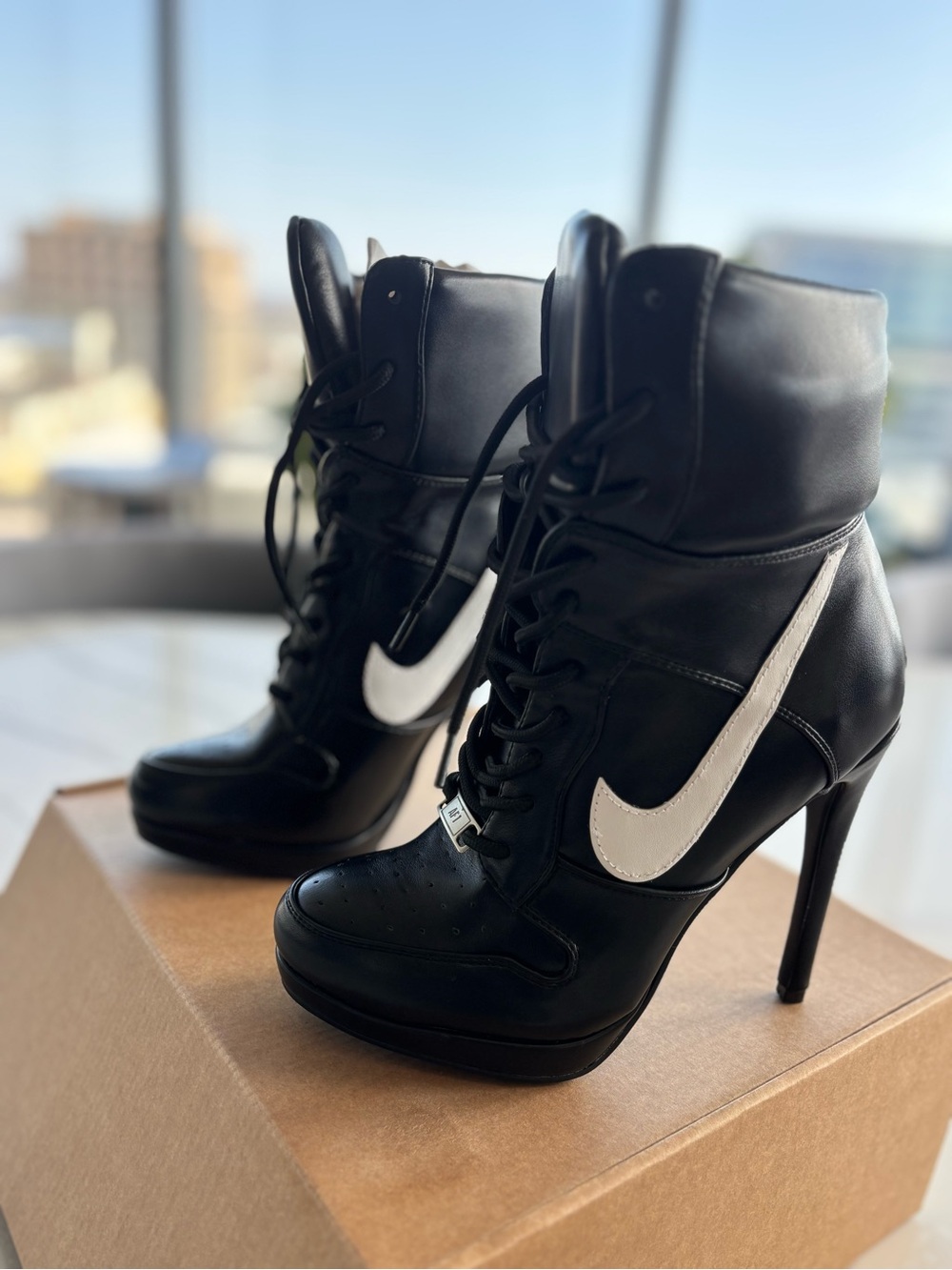 2000s Nike Inspired Sneaker Black Lace-Up High-Heel Ankle Boot with White swoosh